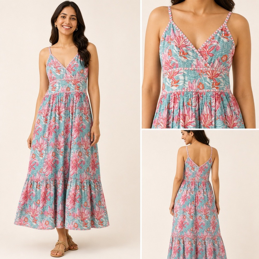 Fabindia Cotton Midi Dress M Blue Pink Floral Block Print Boho Tiered